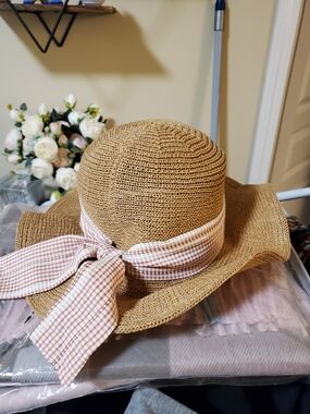 Straw Sun Hat with Pink Gingham Bow - Women Accessories